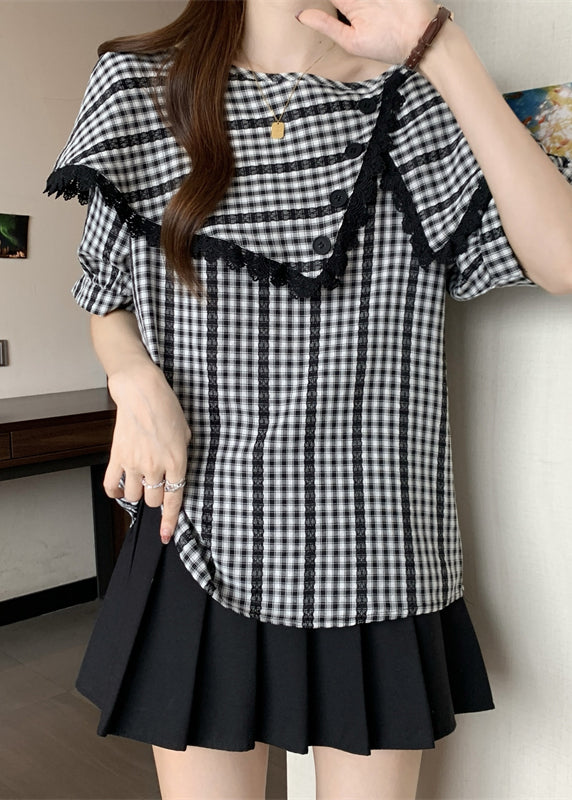 Grey Asymmetrical Plaid Cotton Shirts Summer