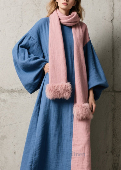 Colorblock Patchwork Cotton Ankle Dress Lantern Sleeve