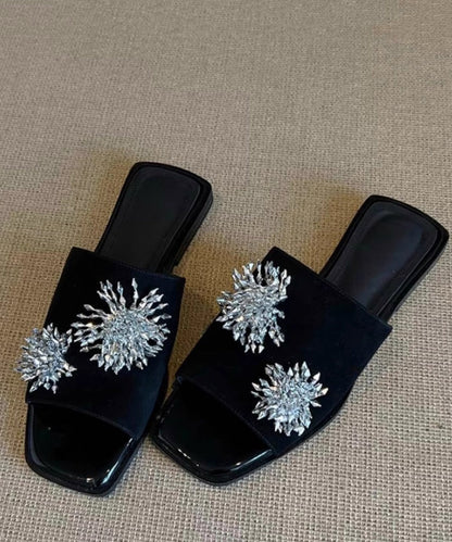 Italian Splicing Green Cowhide Leather Slide Sandals Peep Toe