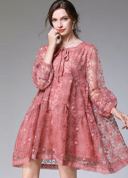 Classy Pink Spring Lace Party Dress Long Sleeve