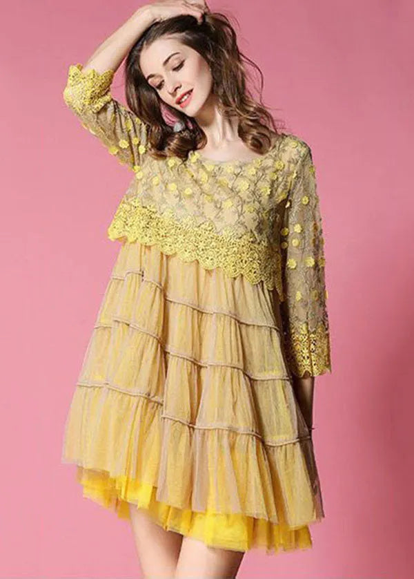 Yellow Embroideried Lace Patchwork Tulle Dress Bracelet Sleeve