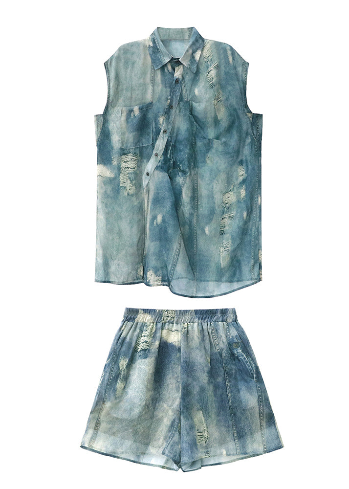 Blue Asymmetrical Side Open Shirt and Shorts Set