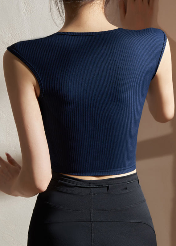 Dark Blue Striped Yoga Tops Sleeveless