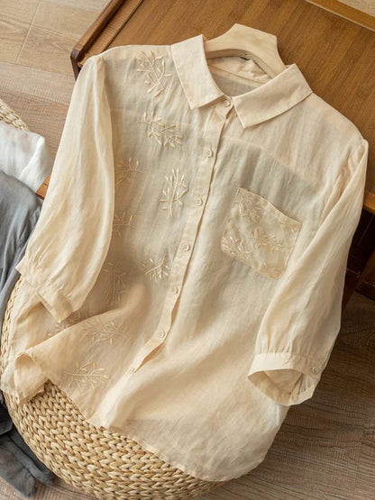 Embroidered 3/4 Sleeve Linen Shirt Top With a Patch Pocket