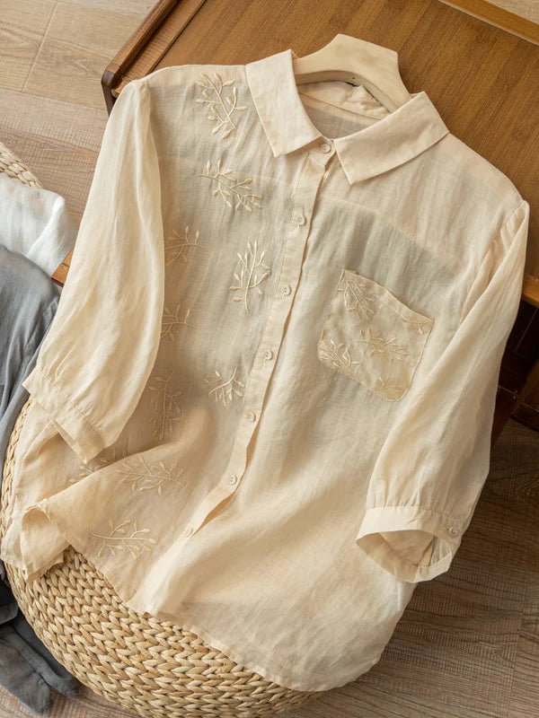 Embroidered 3/4 Sleeve Linen Shirt Top With a Patch Pocket