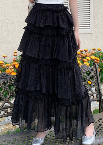 Black Ruffled Patchwork Elastic Waist Cotton Skirt Summer