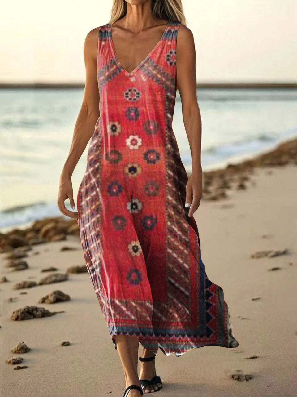 Women's Vintage Ethnic Tattoo Pattern Art Print Pocket Cotton Dresses