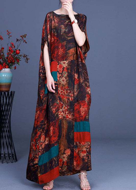 Orange Print Patchwork Asymmetrical Design Fall Maxi Dresses