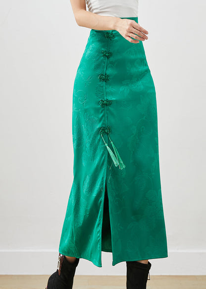 Green Jacquard Chinese Button Silk Wraped Skirt Fall