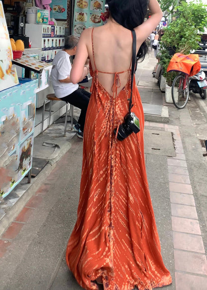 Stylish Orange V Neck Tie Dye Cotton Long Spaghetti Strap Dress Summer