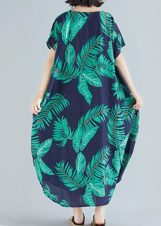 Simple O Neck Pockets Linen Cotton Quilting Clothes Runway Blue Print Dress Summer