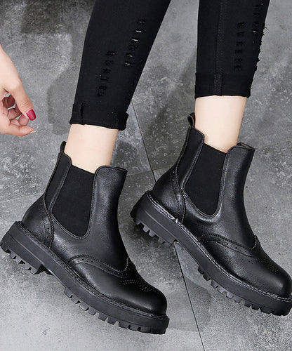 Fitted Black Comfortable Splicing Chunky Boots Black Genuine Leather Ankle Boots