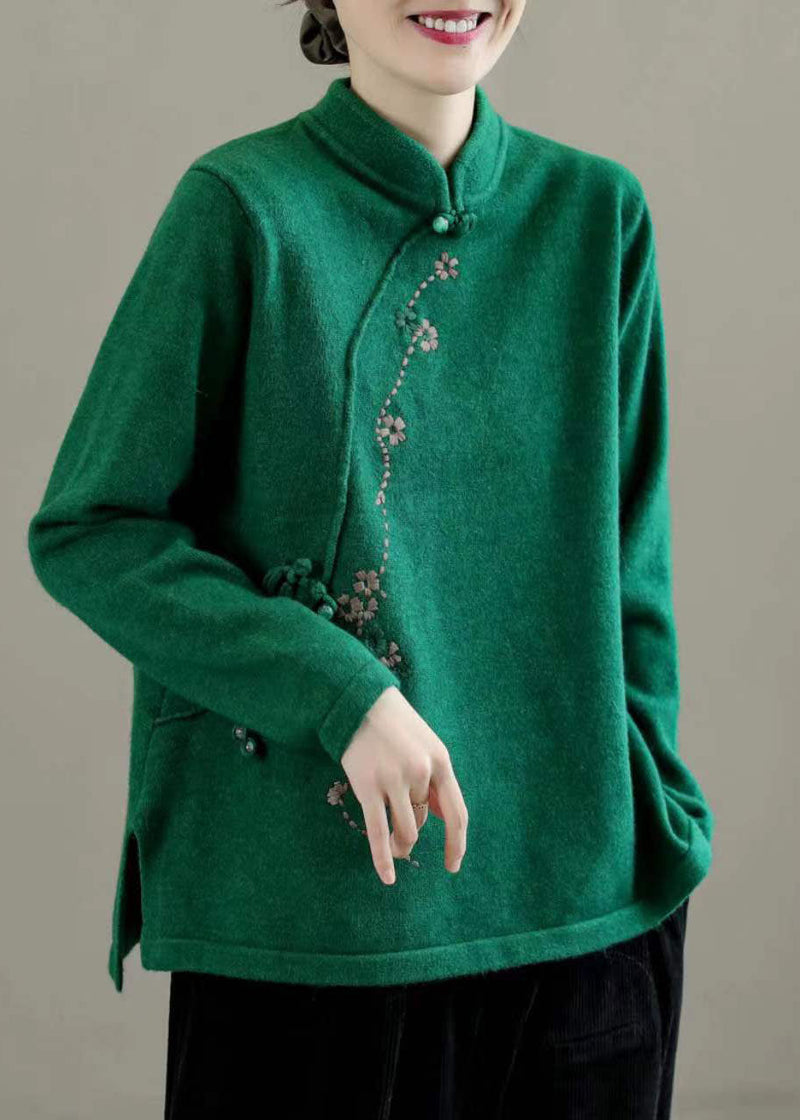 Beige Stand Collar Embroidered Chinese Style Knit Tops Spring
