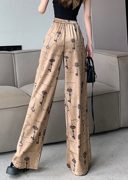 Print Pockets High Waist Satin Wide Leg Pants Spring