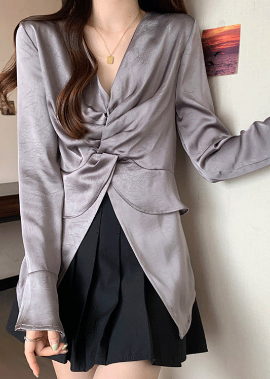 Grey Side Open Wrinkled Silk Shirt Tops Fall