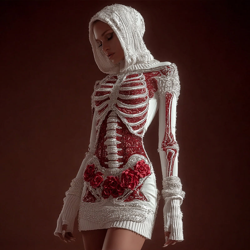 Comstylish Women's Vintage Skeleton Roses Art Cozy Knit Hooded Mini Sweater Dress