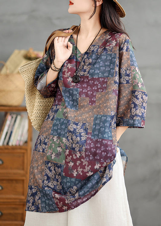 Colorblock V Neck Print Linen Mini Dress Summer