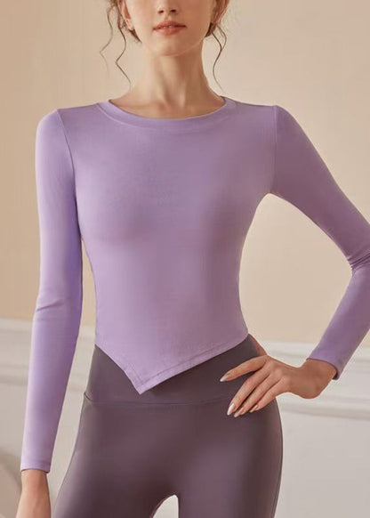Purple O-neck Drawstring Yoga Tops Fall
