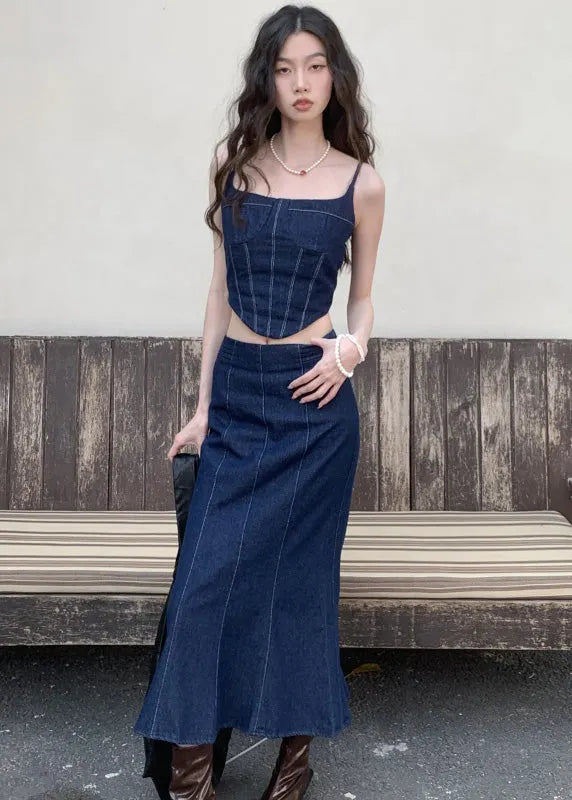 Navy Slim Fit Patchwork Denim Tops and Skirts Two Pieces Set Summer