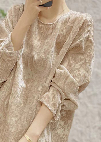 Jacquard Khaki O Neck Silk Velour Shirt Fall