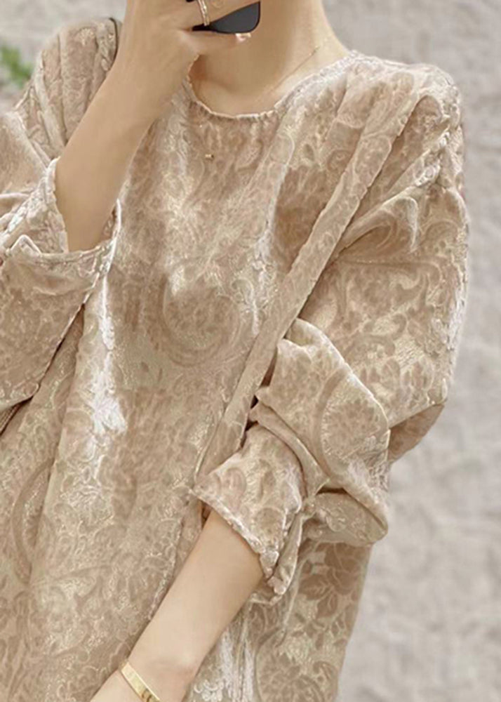Jacquard Khaki O Neck Silk Velour Shirt Fall