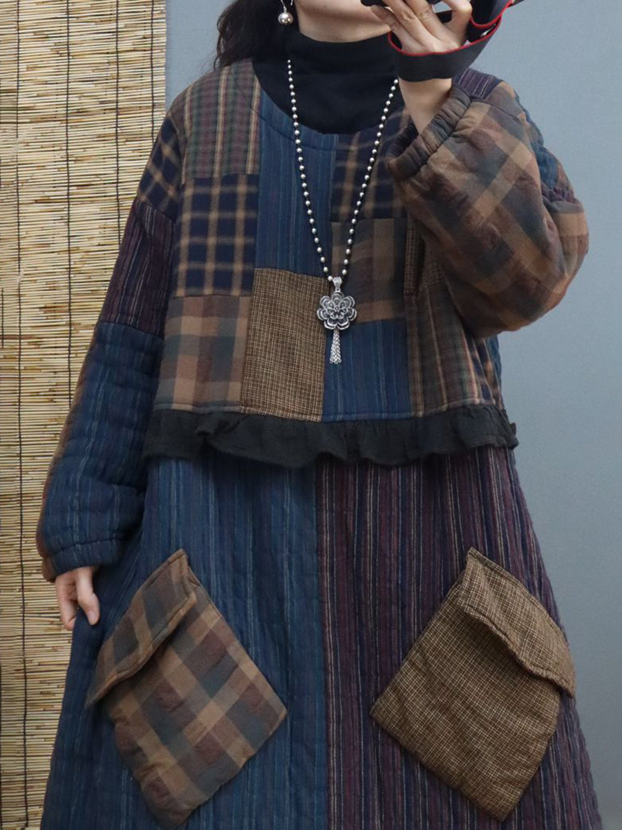 Thick Plaid Large Pocket Round Neck Padded Dress