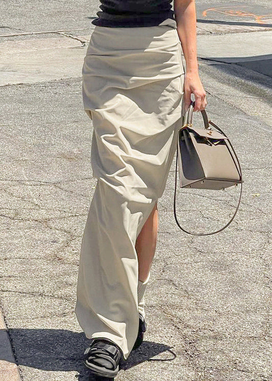 Khaki Wrinkled Side Open High Waist Patchwork Cotton Skirts Fall