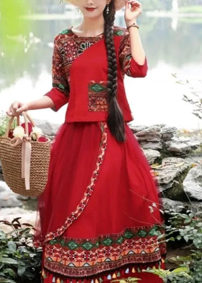 Novelty Red O-neck Print Top and Skirts Two Piece Set Fall