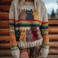 Retro Fun Cat Lady Round Neck Knitted Sweater elevenforest