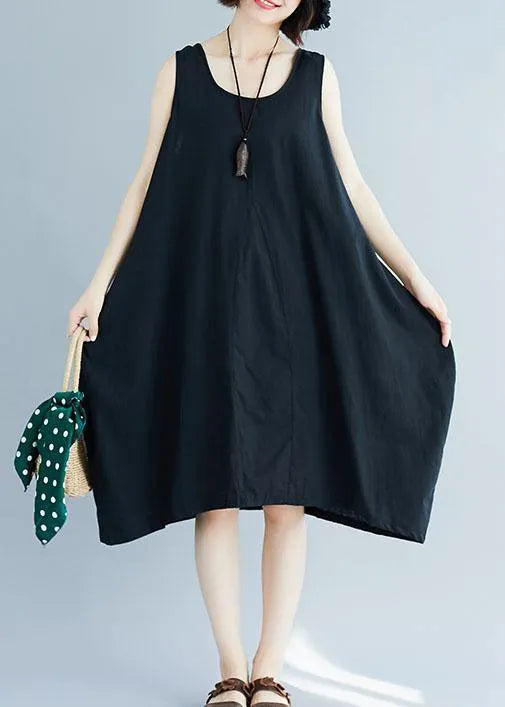 Black O Neck Linen Quilting Dresses Sleeveless Clothing Summer Dress