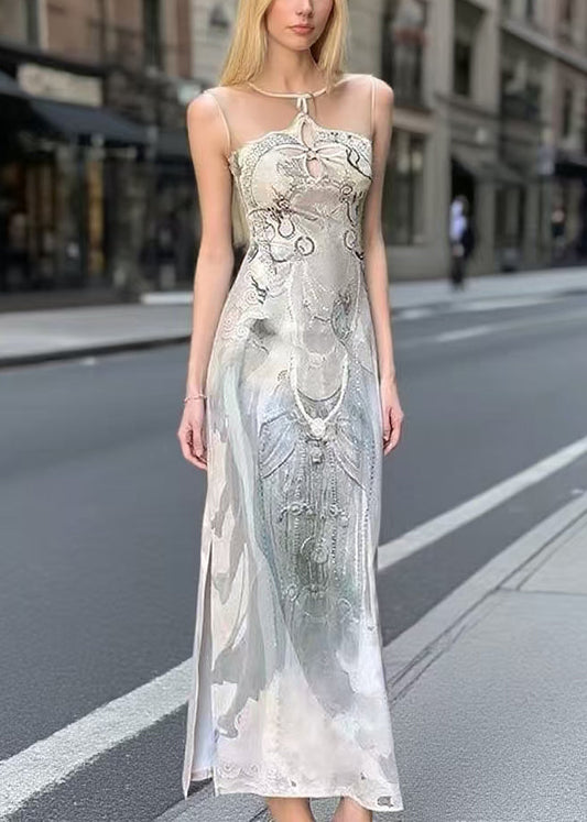 Print Tulle Patchwork Side Open Holiday Dress Sleeveless