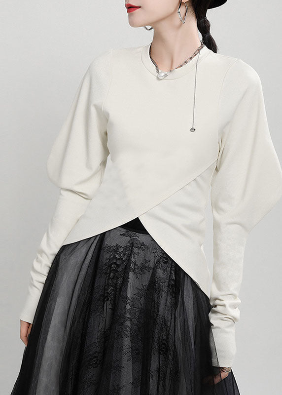 Unique Beige Asymmetrical Cross Color Cotton Pullover Tops Fall