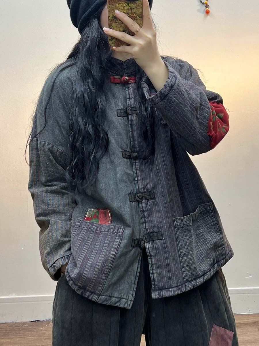 Irregular Print Chinese Style Cotton Coat