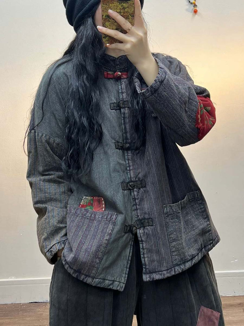 Irregular Print Chinese Style Cotton Coat