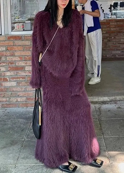 Loose Purple O-neck Tops and Skirts Mink Velvet Two Pieces Set Spring