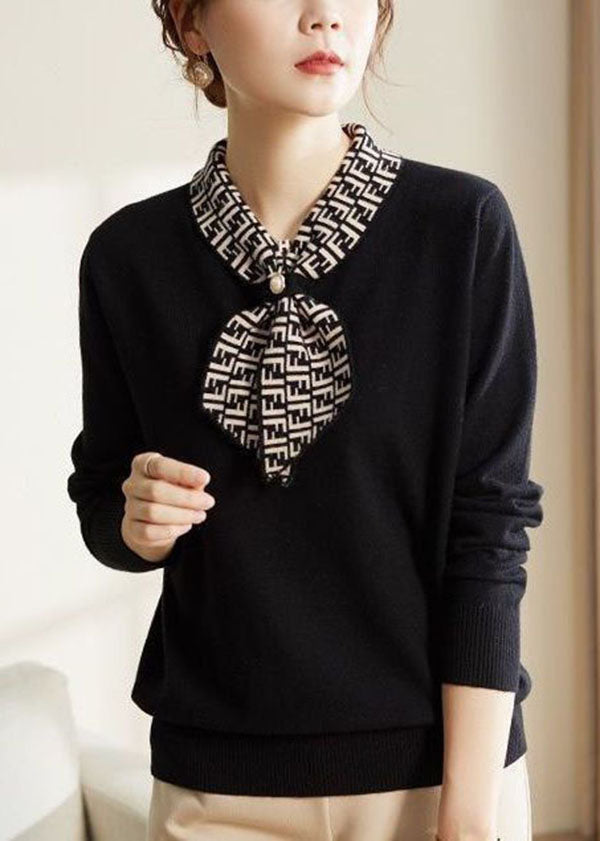 Black Bow Collar Print Knit Blouses Long Sleeve