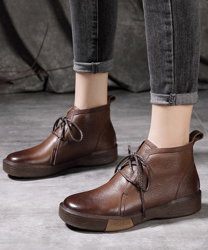 Chocolate Cowhide Leather Warm Fleece Boots Lace Up Shelsea Boots