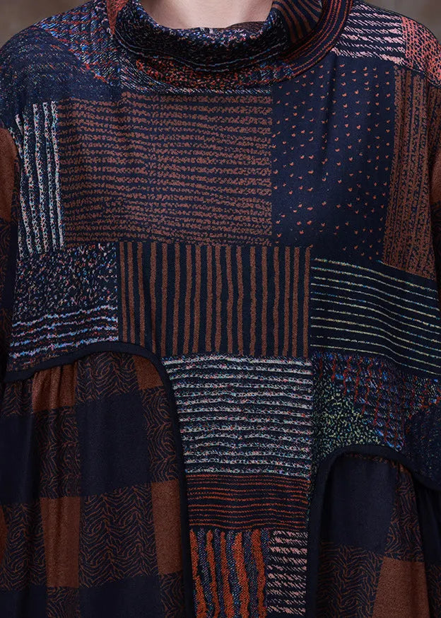 Coffee Turtleneck Plaid Patchwork Velour Maxi Dress Long Sleeve