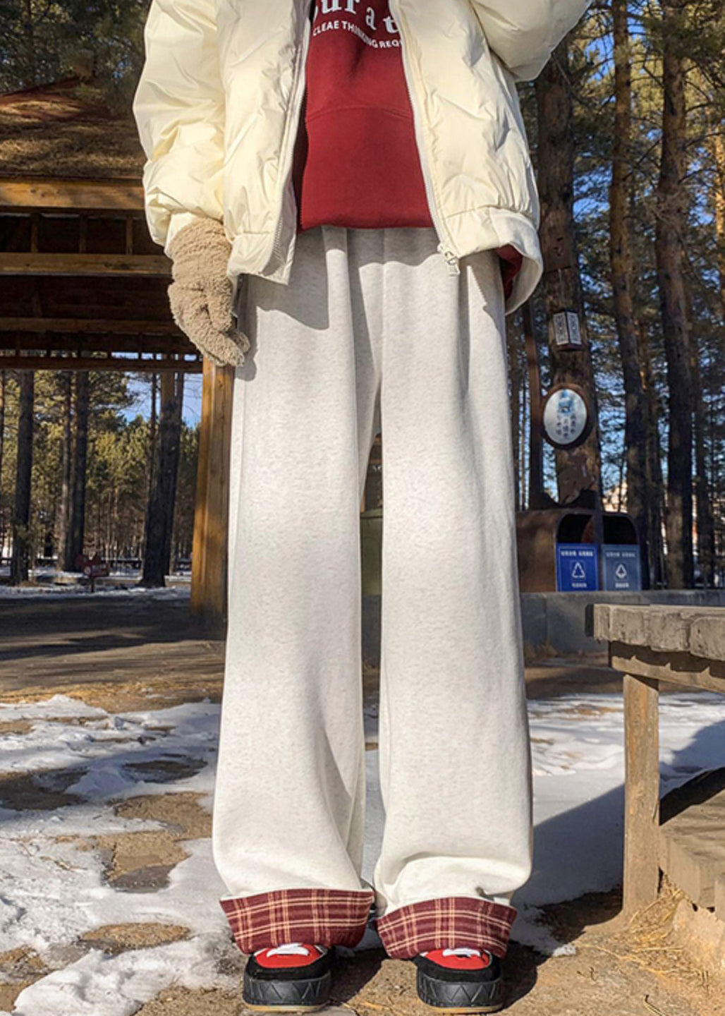 Classy Beige Plaid Elastic Waist Warm Fleece Pants Winter
