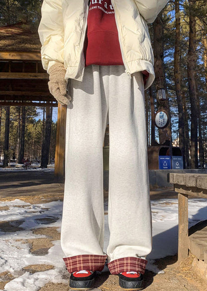 Classy Beige Plaid Elastic Waist Warm Fleece Pants Winter