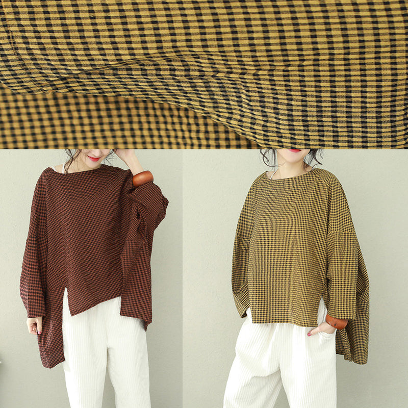 Asymmetric Cotton Fine Work Black Brown Plaid Oversized Tops