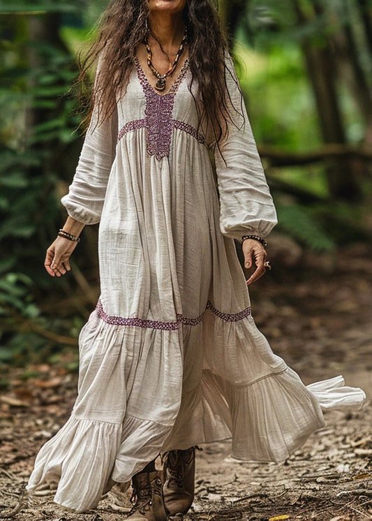 Organic V Neck Wrinkled Patchwork Cotton Long Dresses Spring