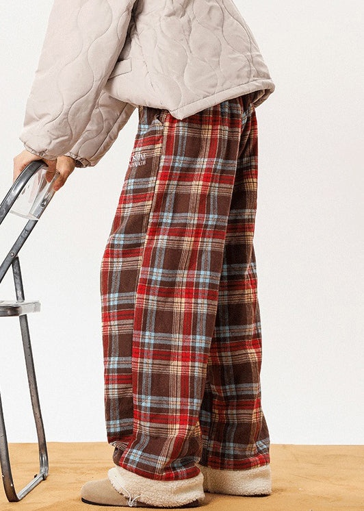 French Red Pockets Plaid Patchwork Warm Fleece Pants Winter