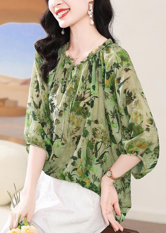 Green Ruffled Lace Up Print T Shirt Bracelet Sleeve