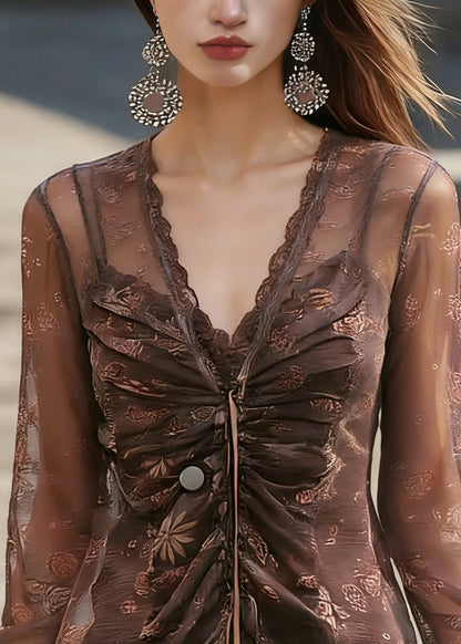 Coffee V Neck Cinched Tulle Shirt Spring