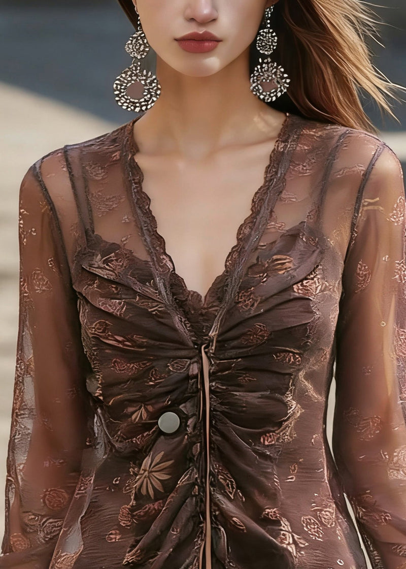 Coffee V Neck Cinched Tulle Shirt Spring