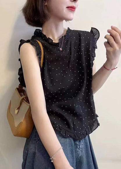 Black Dot Print Ruffled Chiffon Vests Sleeveless