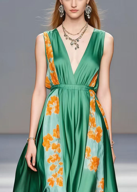 Tea Green V Neck Patchwork Silk Holiday Dress Sleeveless