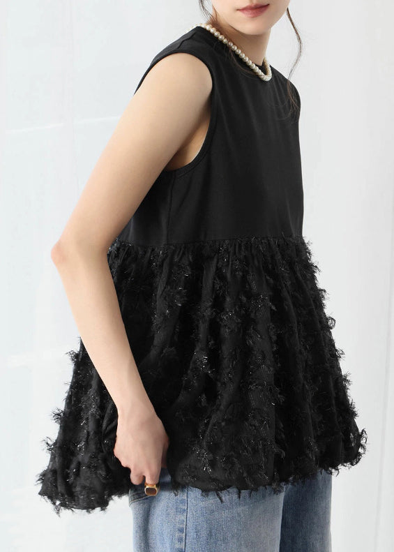 Black Patchwork Cotton a Line Tops Tasseled Sleeveless