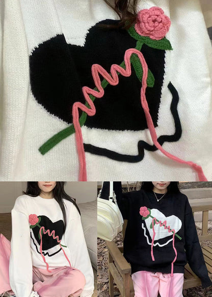 Original Black O Neck Heart Knit Knitted Sweaters Fall